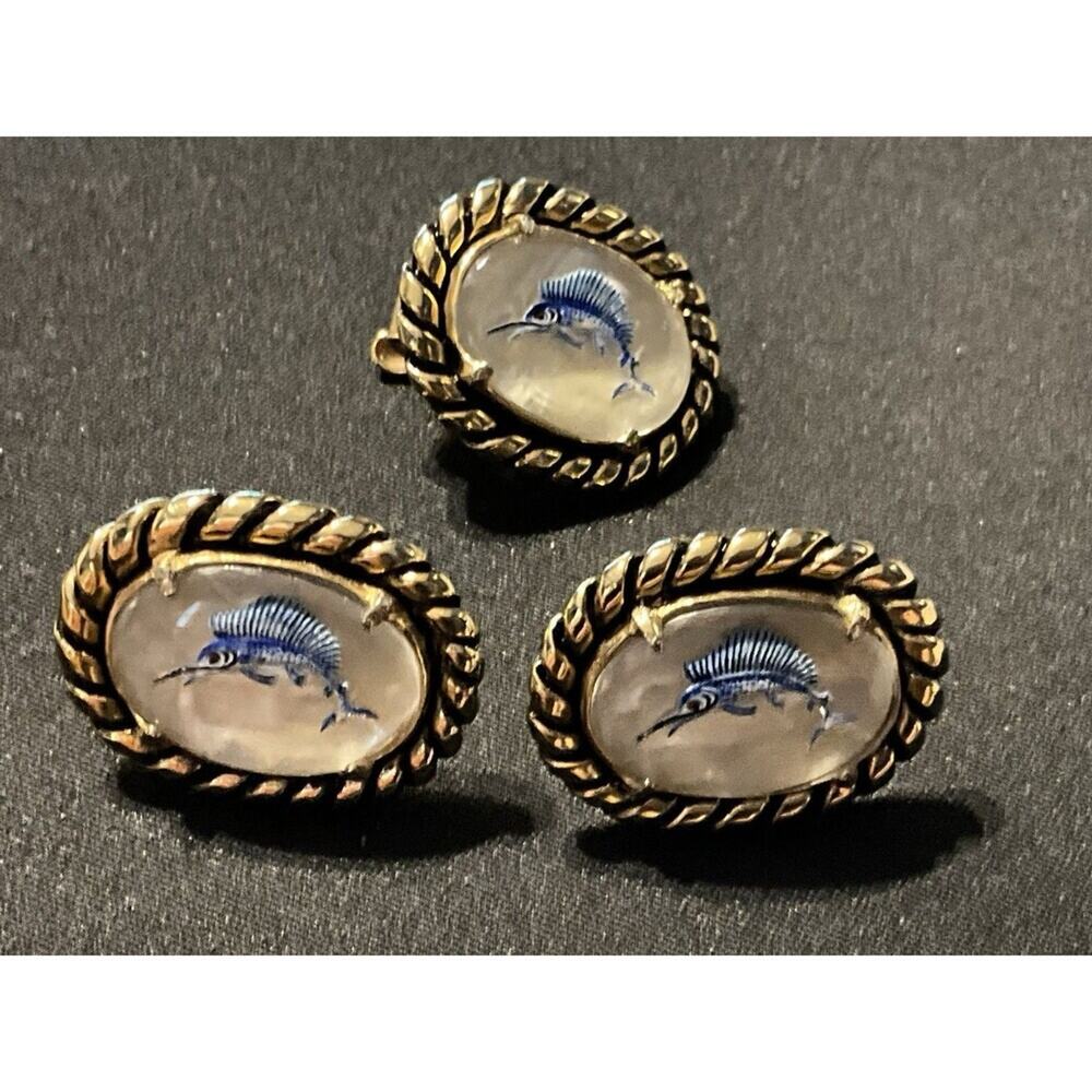 Vintage Swordfish Gold Tone MOP 3 Piece Set Cuff Links & Tie Clip